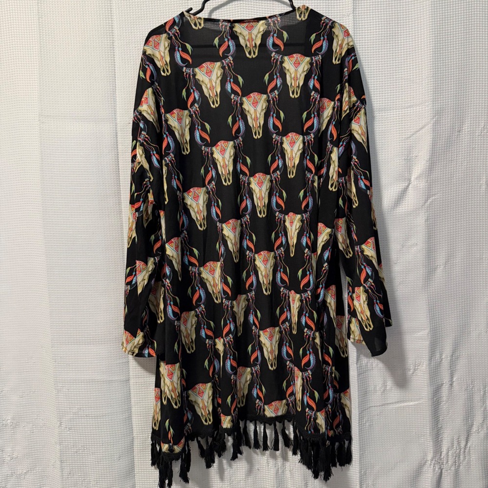 L&B Kimono Cardigan Chiffon Bull Skull Tassel Fringe Western Boho Black OS - Picture 2 of 4